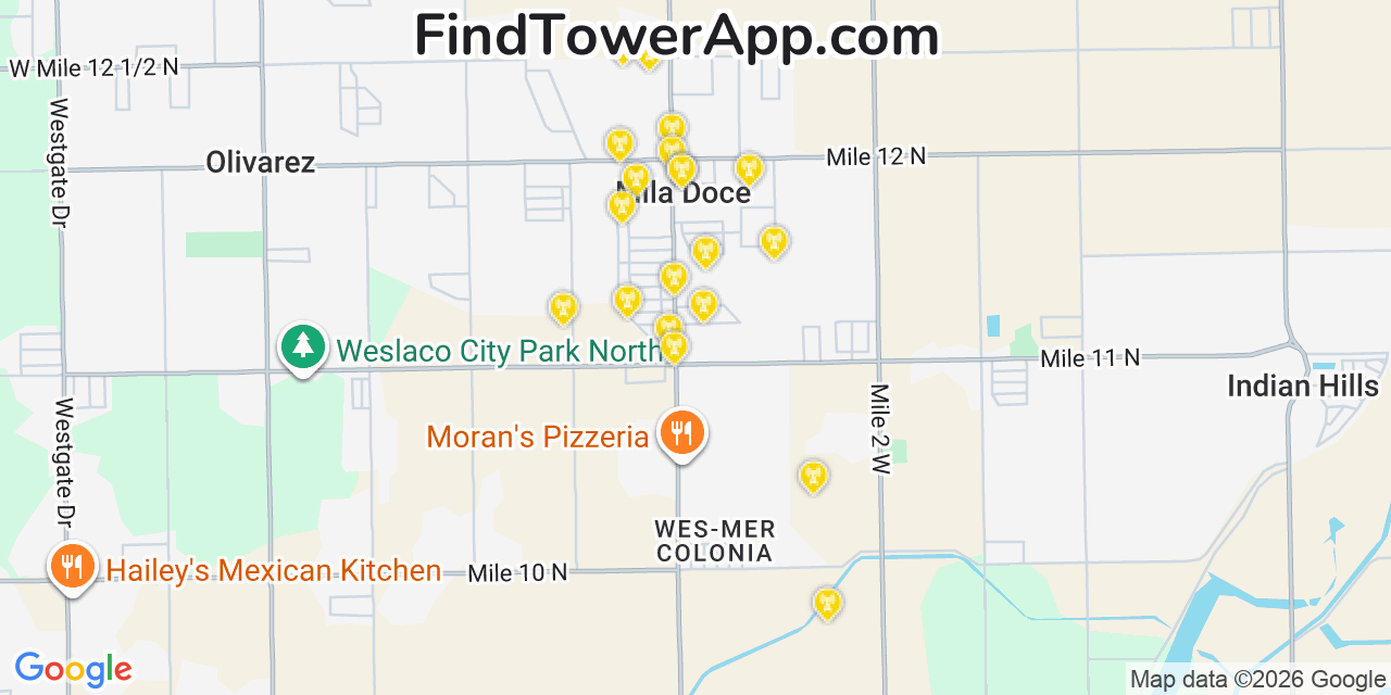 Map showing the 20 primary cell tower locations detected in Mila Doce, Texas from AT&T, Verizon, and T-Mobile networks