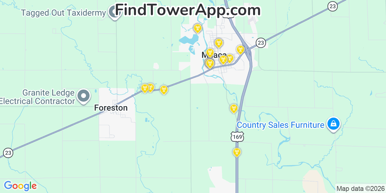 Map showing the 20 primary cell tower locations detected in Milaca, Minnesota from AT&T, Verizon, and T-Mobile networks