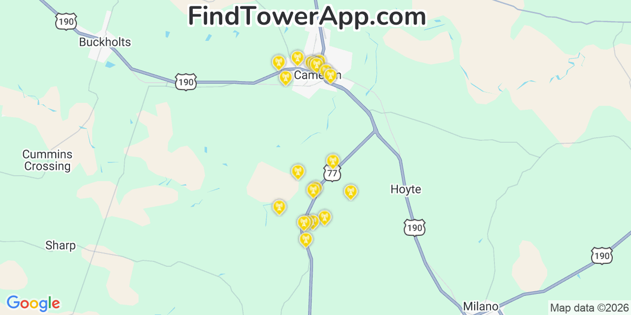 Map showing the 20 primary cell tower locations detected in Milam, Texas from AT&T, Verizon, and T-Mobile networks