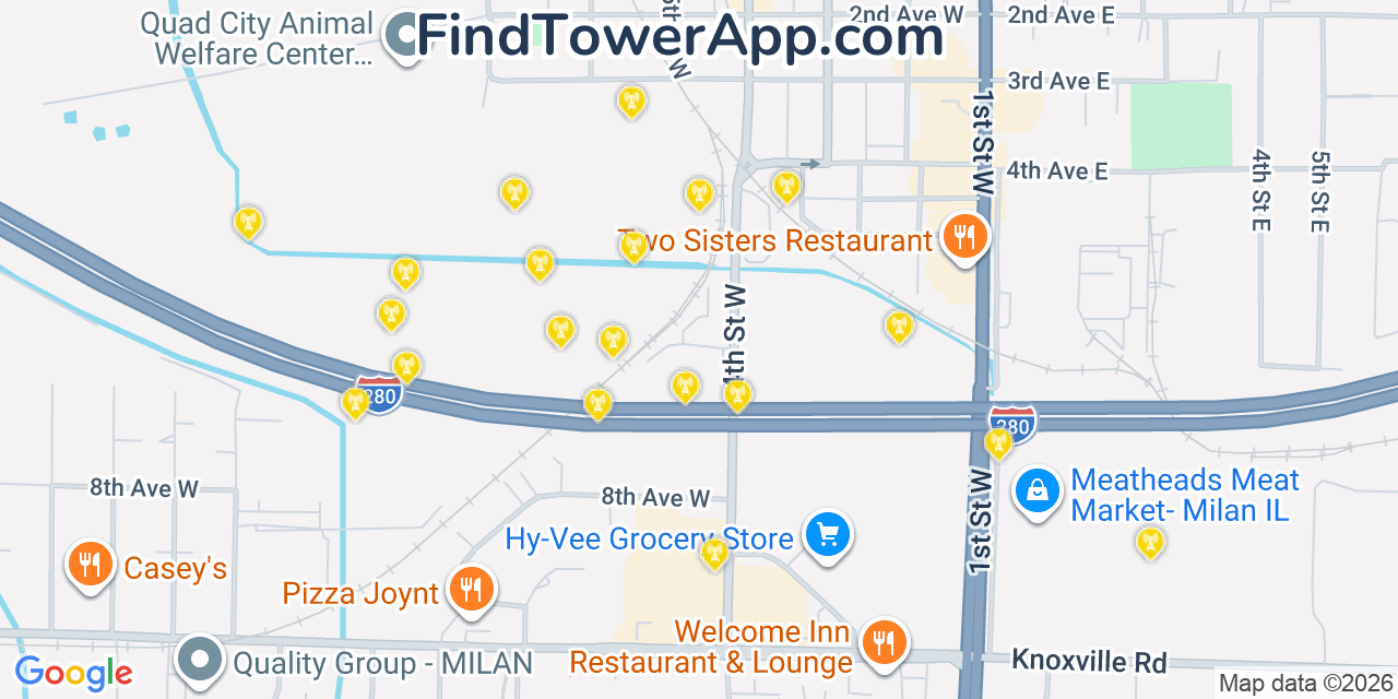 Map showing the 20 primary cell tower locations detected in Milan, Illinois from AT&T, Verizon, and T-Mobile networks