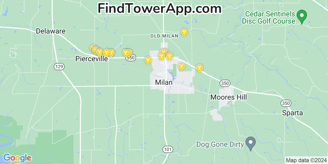 AT&T 4G/5G cell tower coverage map Milan, Indiana