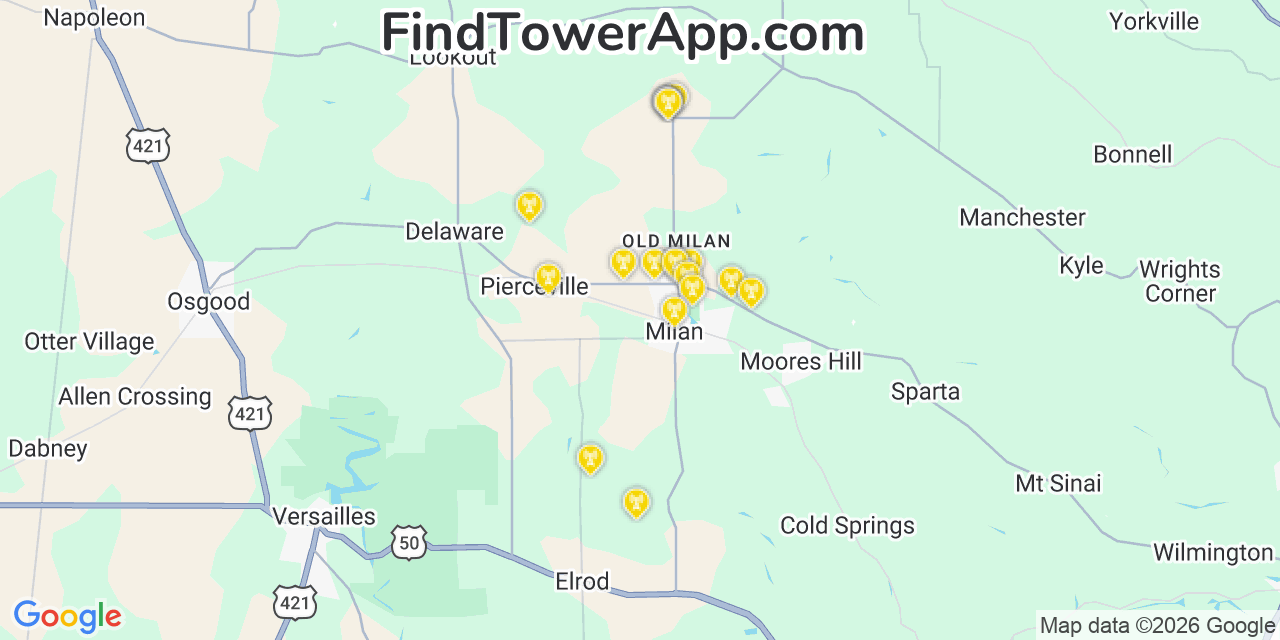 Map showing the 20 primary cell tower locations detected in Milan, Indiana from AT&T, Verizon, and T-Mobile networks