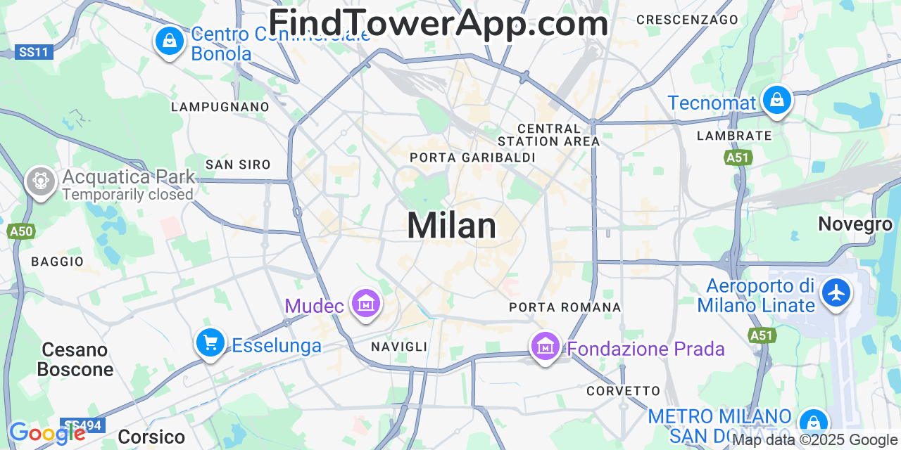 Map showing the 0 primary Iliad cell tower locations detected in Milan, Italy with coverage radius and signal strength indicators
