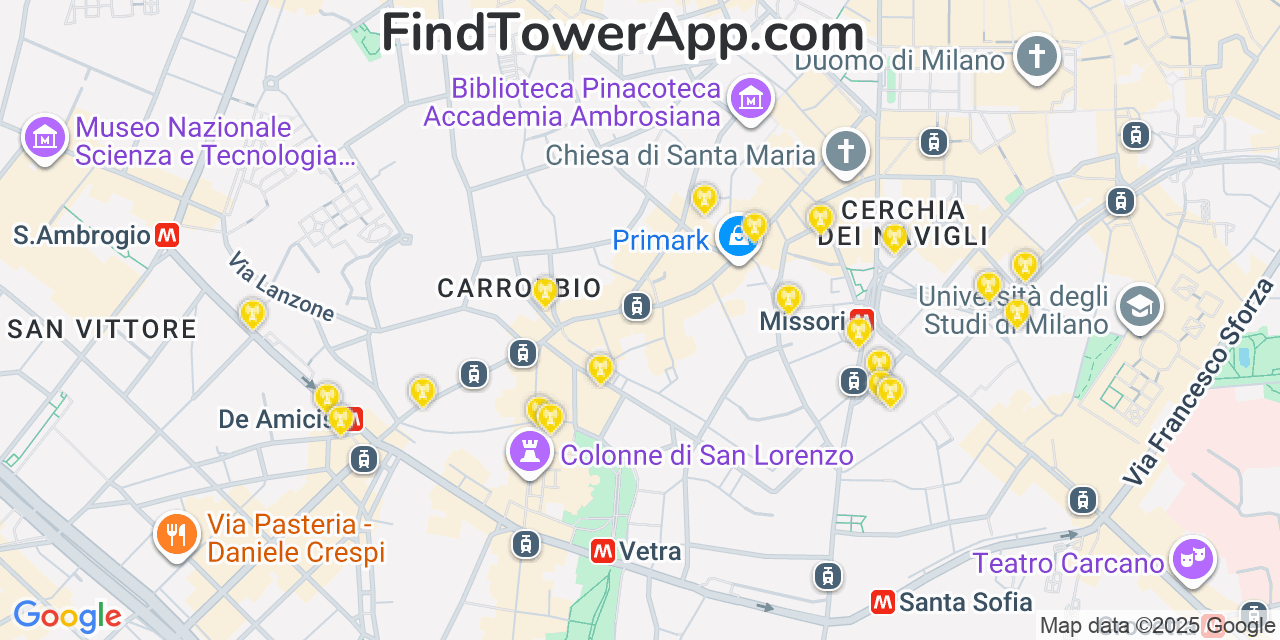 Map showing the 20 primary cell tower locations detected in Milan, Italy with coverage areas and signal strength