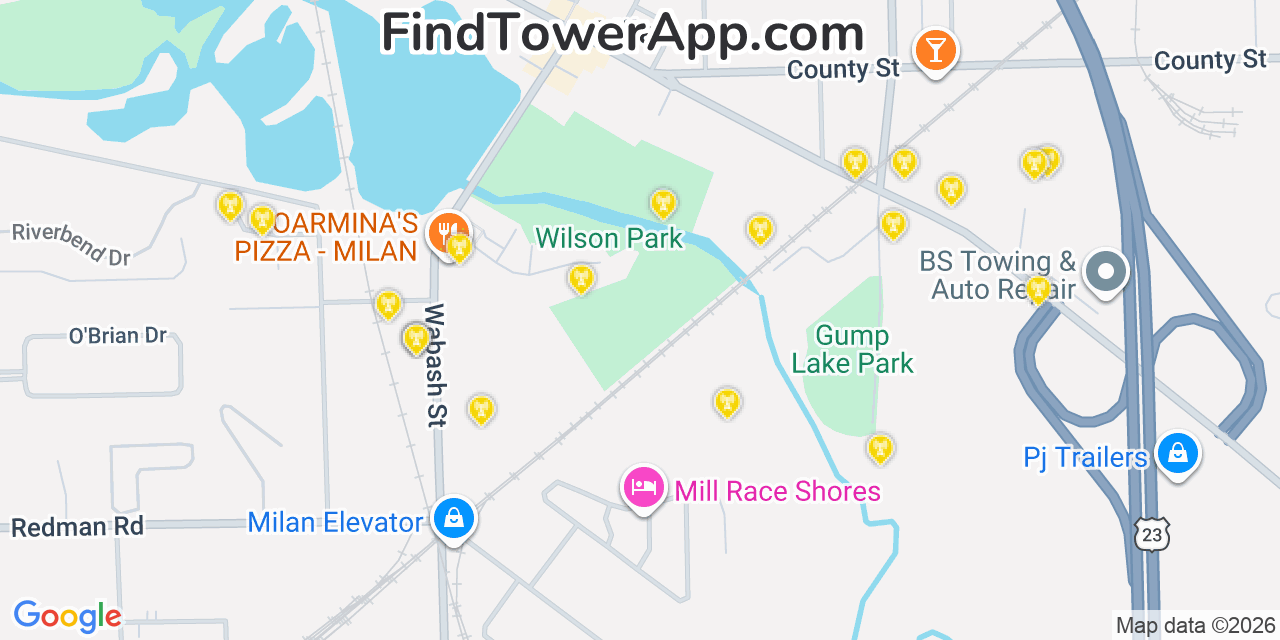 Map showing the 20 primary cell tower locations detected in Milan, Michigan from AT&T, Verizon, and T-Mobile networks