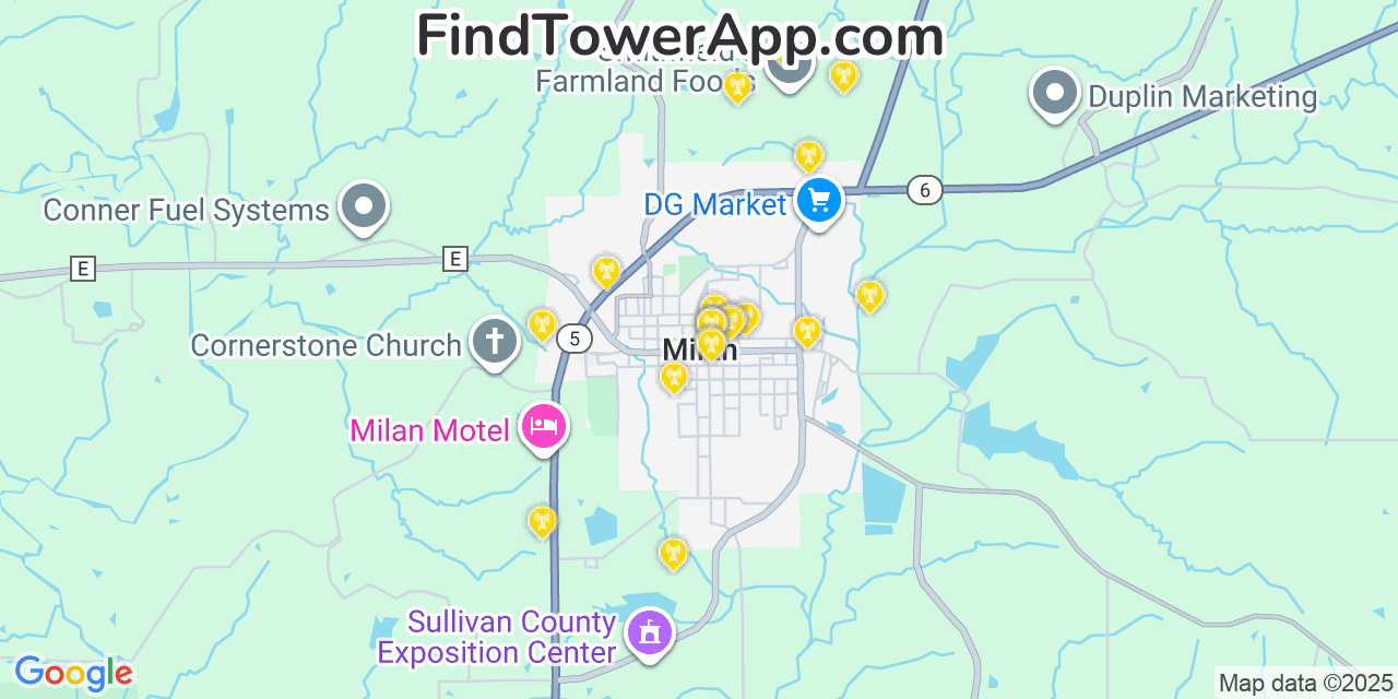 Map showing the 20 primary cell tower locations detected in Milan, Missouri from AT&T, Verizon, and T-Mobile networks