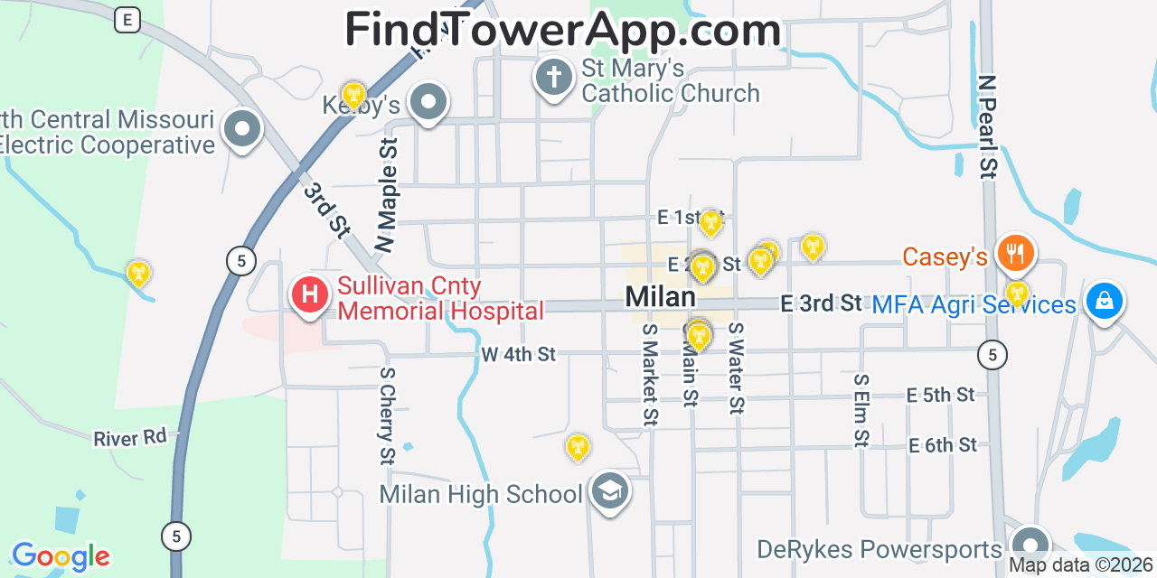 Map showing the 20 primary cell tower locations detected in Milan, Missouri from AT&T, Verizon, and T-Mobile networks