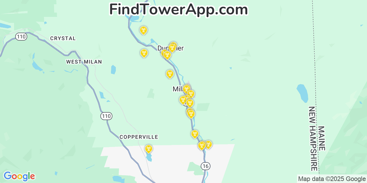 Map showing the 20 primary cell tower locations detected in Milan, New Hampshire from AT&T, Verizon, and T-Mobile networks