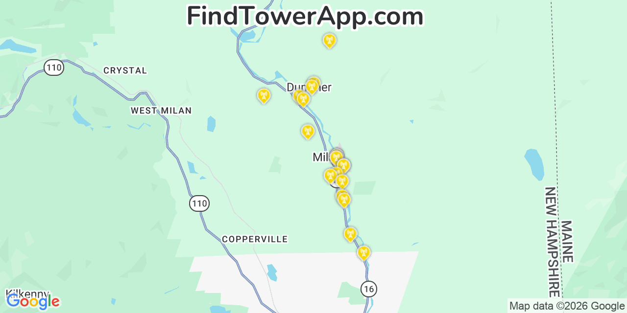 Map showing the 20 primary cell tower locations detected in Milan, New Hampshire from AT&T, Verizon, and T-Mobile networks