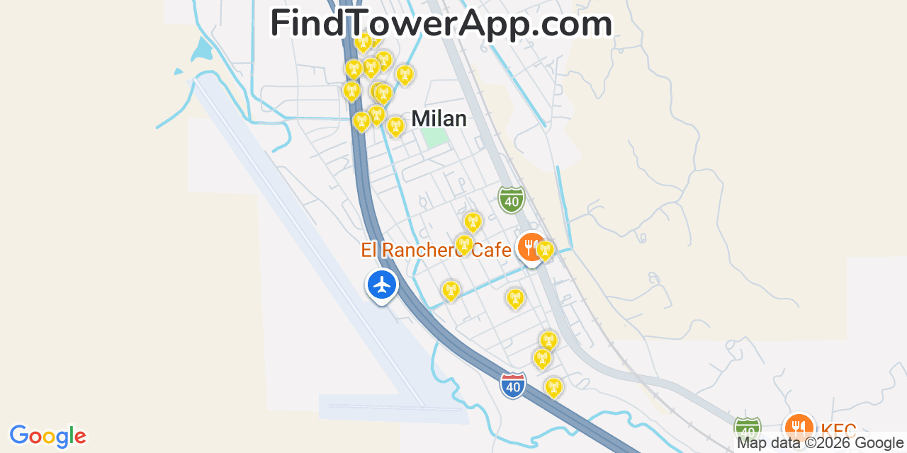 Map showing the 20 primary cell tower locations detected in Milan, New Mexico from AT&T, Verizon, and T-Mobile networks