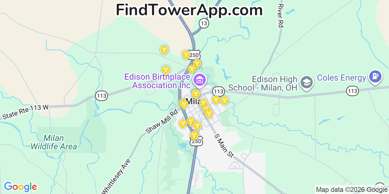Map showing the 20 primary cell tower locations detected in Milan, Ohio from AT&T, Verizon, and T-Mobile networks
