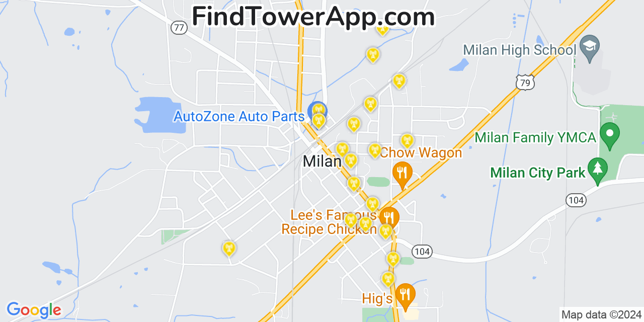 AT&T 4G/5G cell tower coverage map Milan, Tennessee