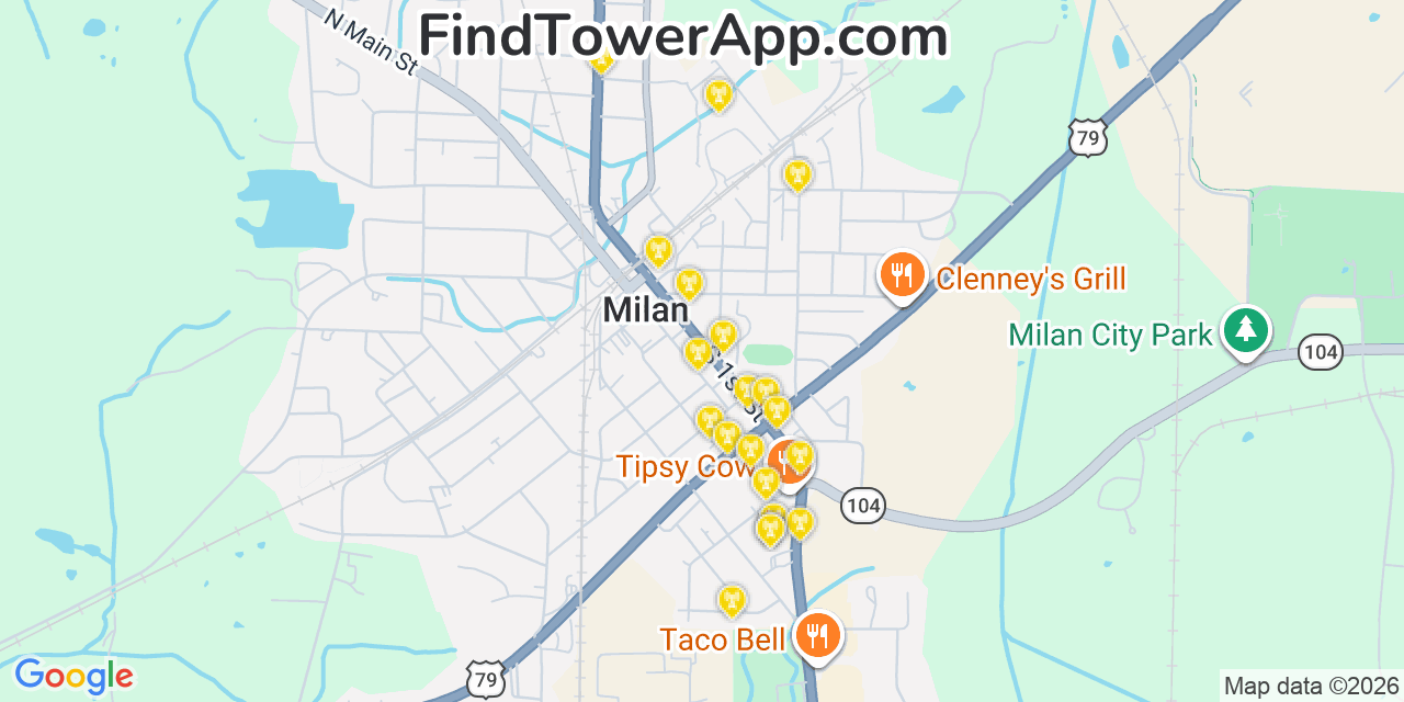 Map showing the 20 primary cell tower locations detected in Milan, Tennessee from AT&T, Verizon, and T-Mobile networks