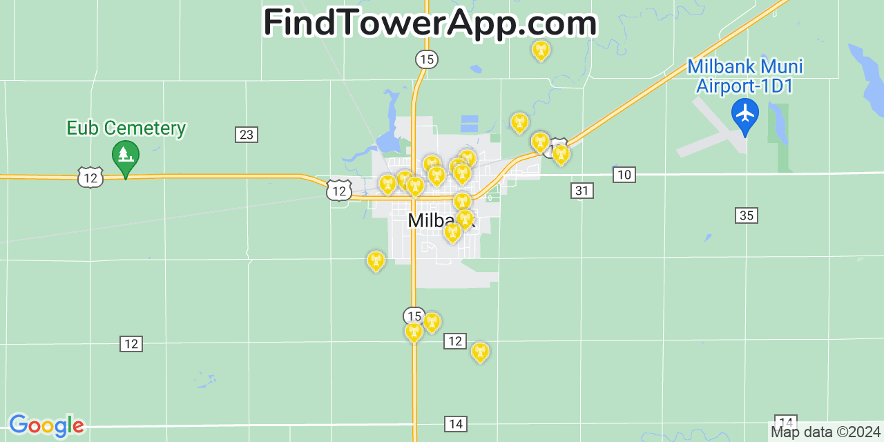 AT&T 4G/5G cell tower coverage map Milbank, South Dakota