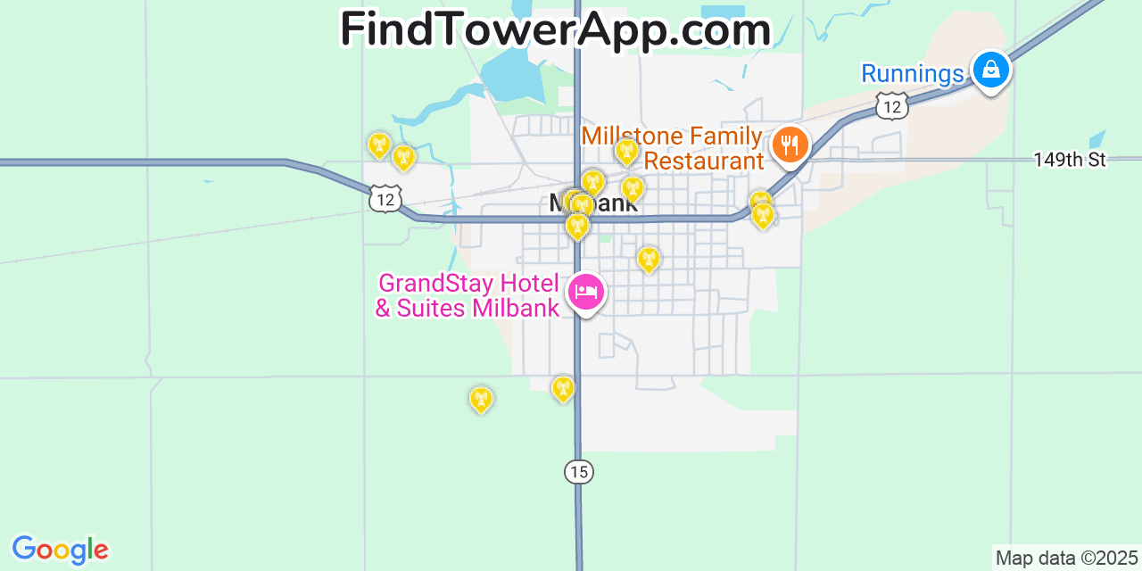 Map showing the 20 primary cell tower locations detected in Milbank, South Dakota from AT&T, Verizon, and T-Mobile networks