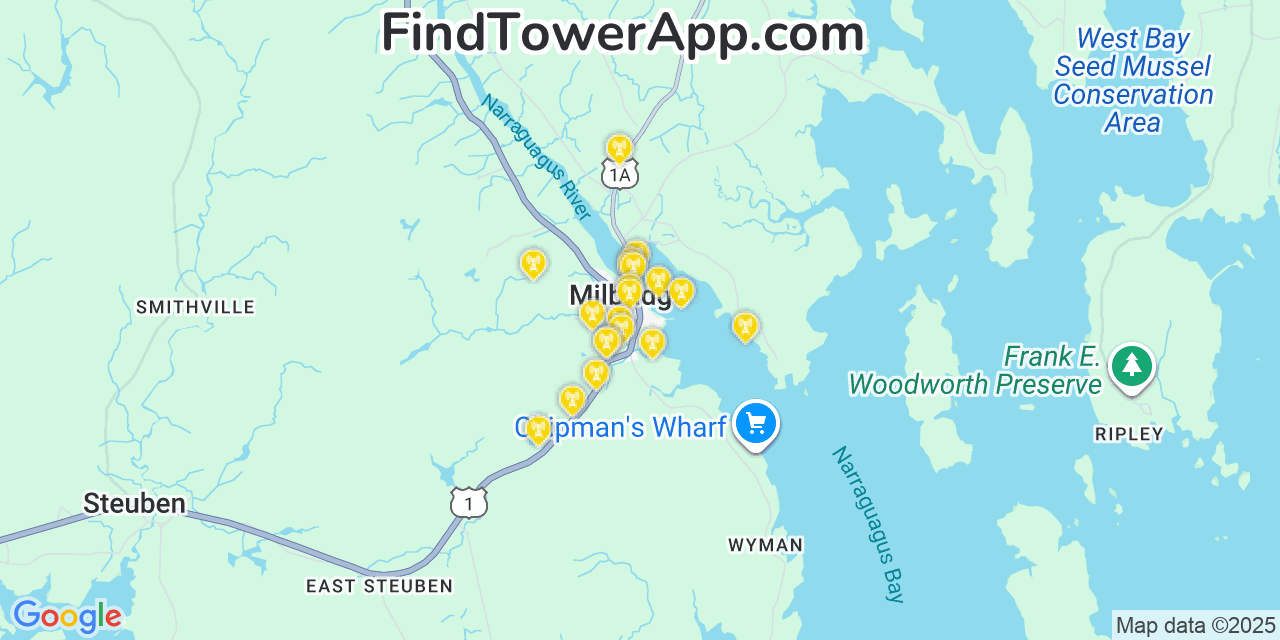 Map showing the 20 primary cell tower locations detected in Milbridge, Maine from AT&T, Verizon, and T-Mobile networks