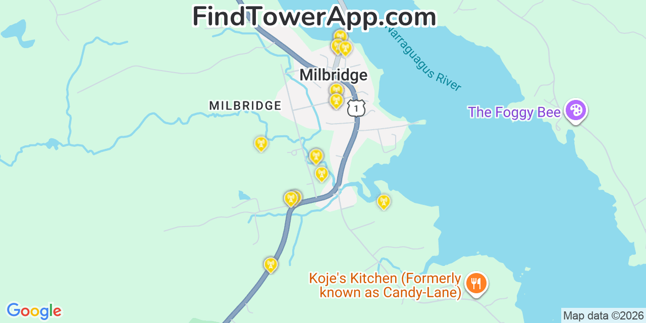 Map showing the 20 primary cell tower locations detected in Milbridge, Maine from AT&T, Verizon, and T-Mobile networks