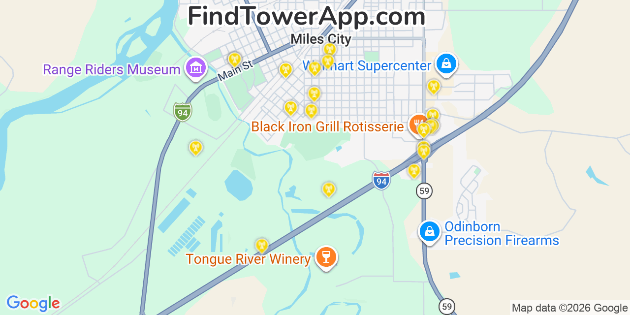 Map showing the 20 primary cell tower locations detected in Miles City, Montana from AT&T, Verizon, and T-Mobile networks