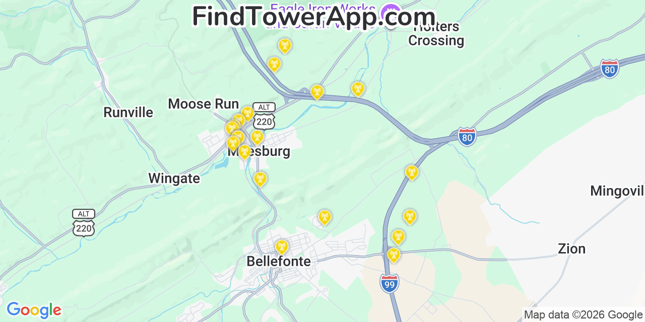 Map showing the 20 primary cell tower locations detected in Milesburg, Pennsylvania from AT&T, Verizon, and T-Mobile networks