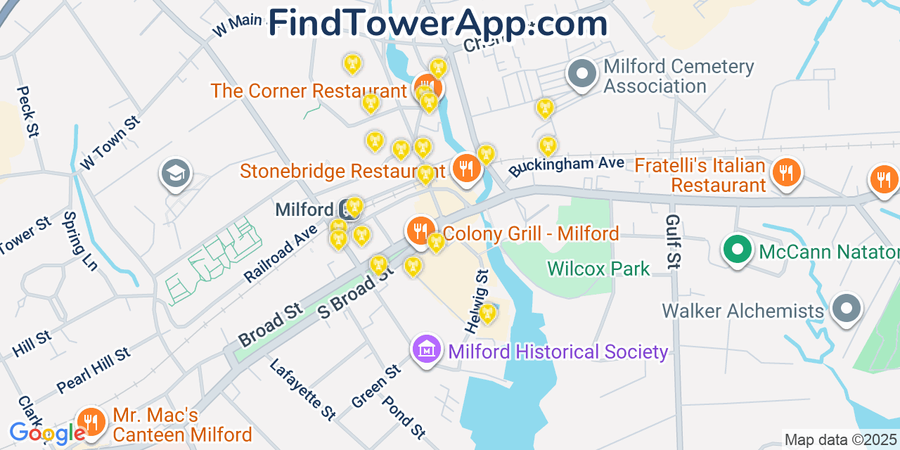 Map showing the 20 primary cell tower locations detected in Milford, Connecticut from AT&T, Verizon, and T-Mobile networks