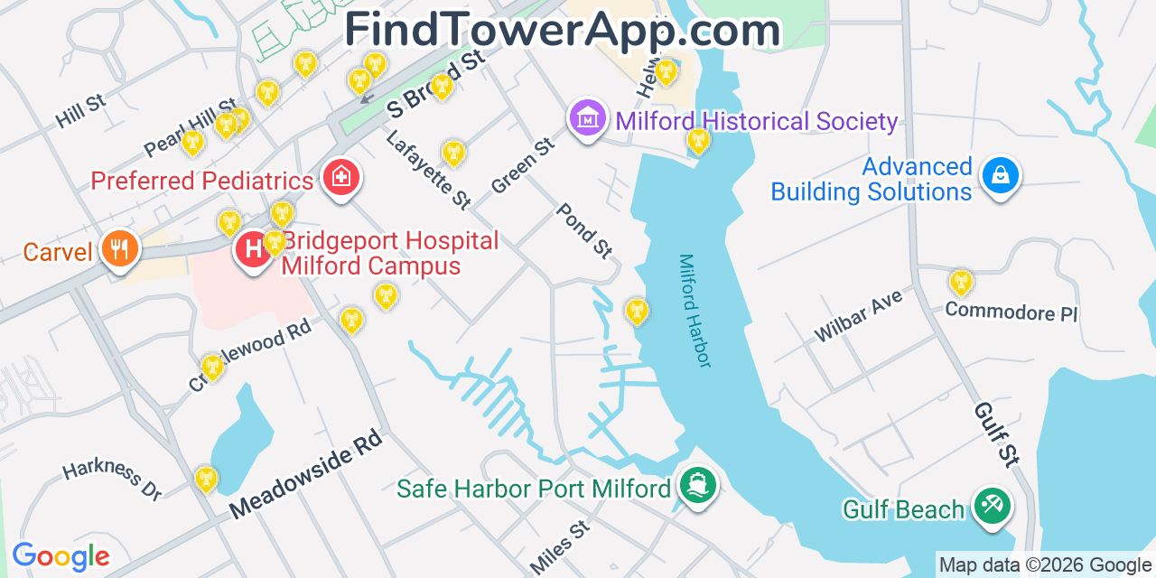Map showing the 20 primary cell tower locations detected in Milford, Connecticut from AT&T, Verizon, and T-Mobile networks