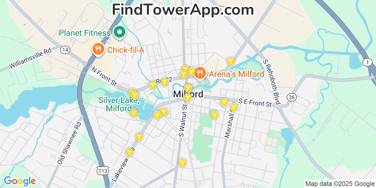 Map showing the 20 primary cell tower locations detected in Milford, Delaware from AT&T, Verizon, and T-Mobile networks