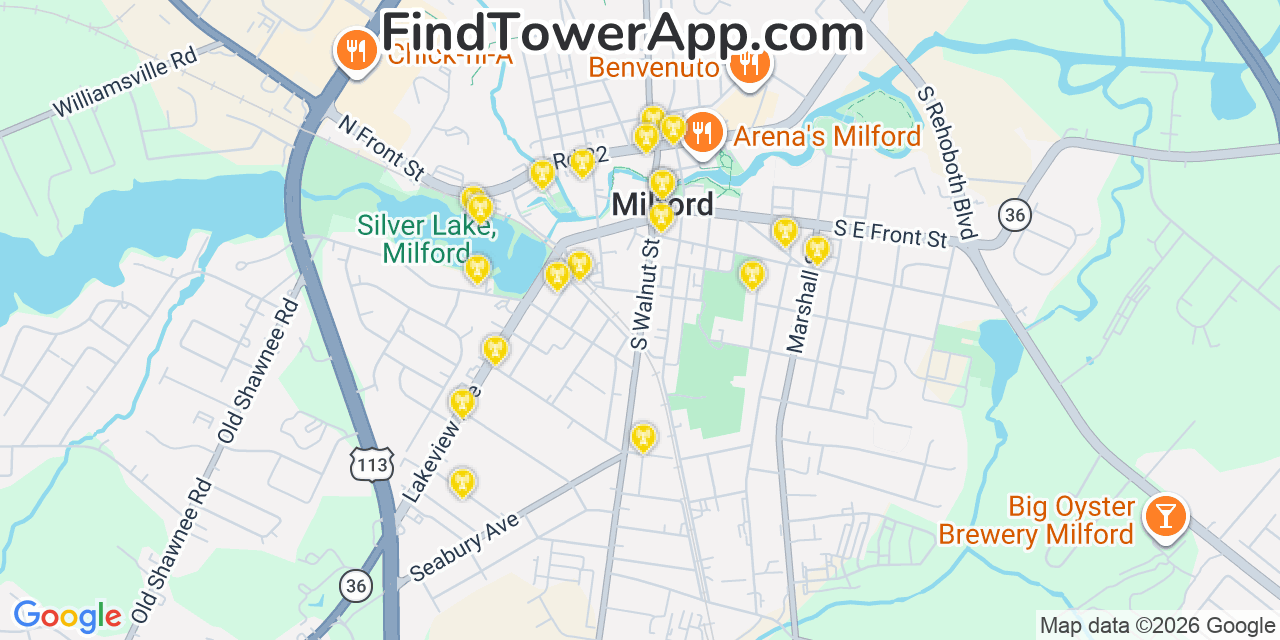 Map showing the 20 primary cell tower locations detected in Milford, Delaware from AT&T, Verizon, and T-Mobile networks
