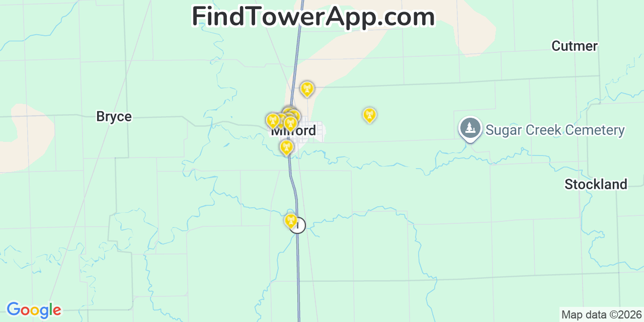 Map showing the 20 primary cell tower locations detected in Milford, Illinois from AT&T, Verizon, and T-Mobile networks