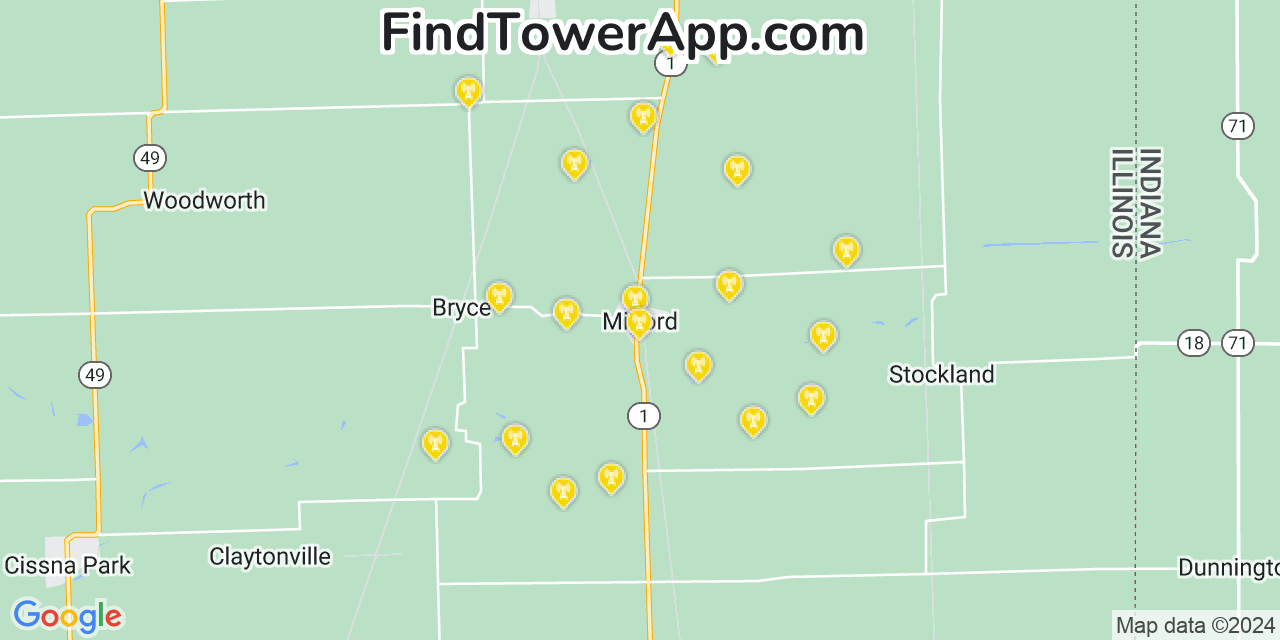 Verizon 4G/5G cell tower coverage map Milford, Illinois