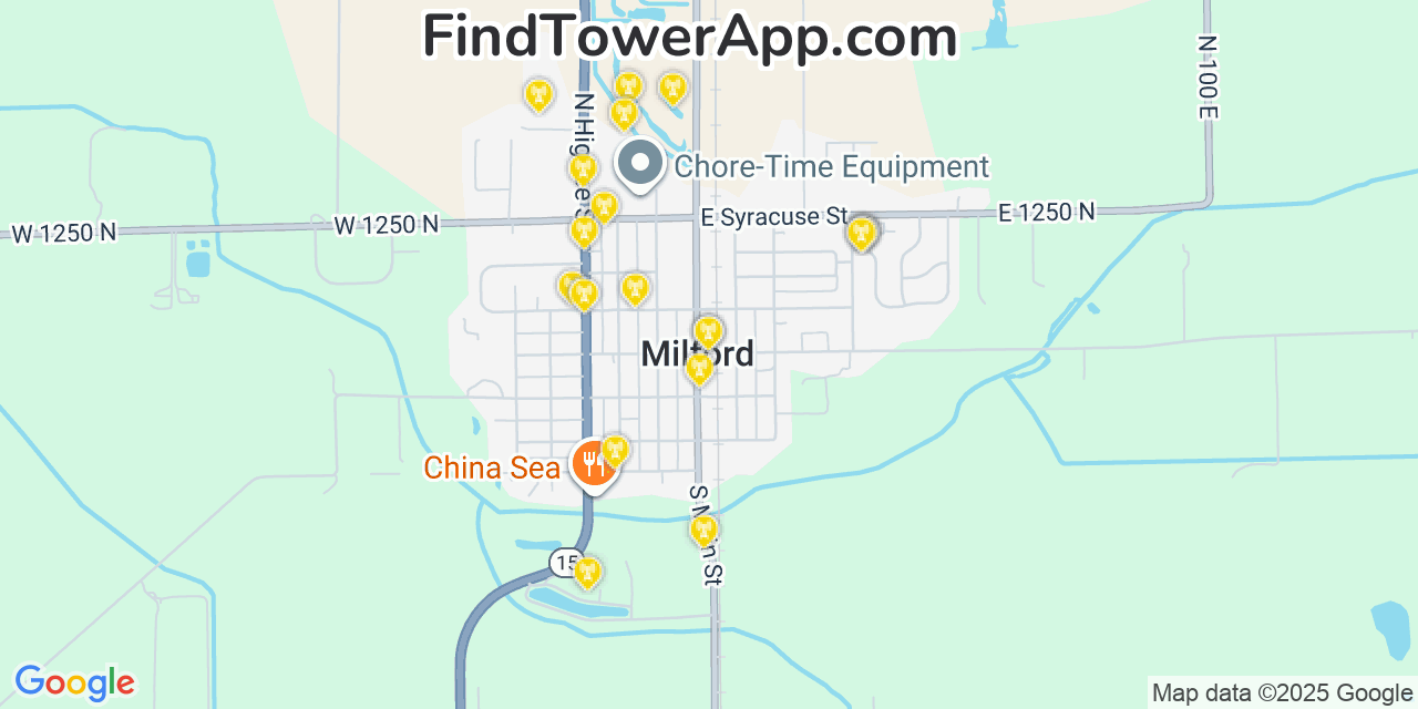 Map showing the 20 primary cell tower locations detected in Milford, Indiana from AT&T, Verizon, and T-Mobile networks