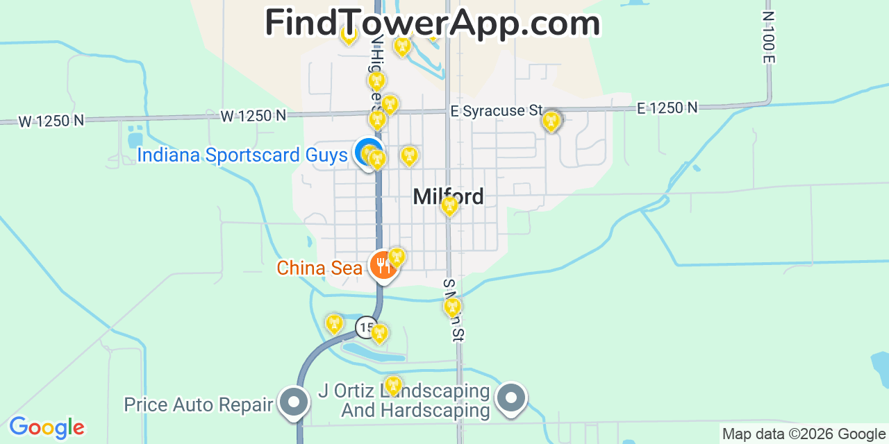 Map showing the 20 primary cell tower locations detected in Milford, Indiana from AT&T, Verizon, and T-Mobile networks