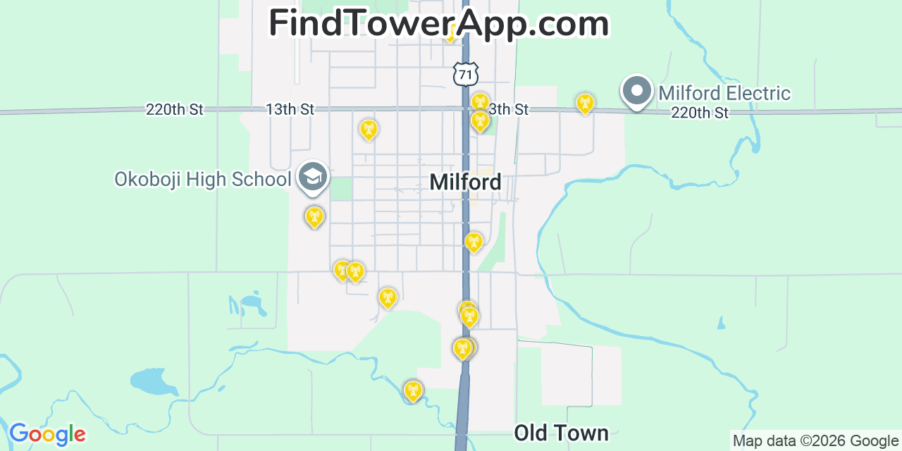 Map showing the 20 primary cell tower locations detected in Milford, Iowa from AT&T, Verizon, and T-Mobile networks