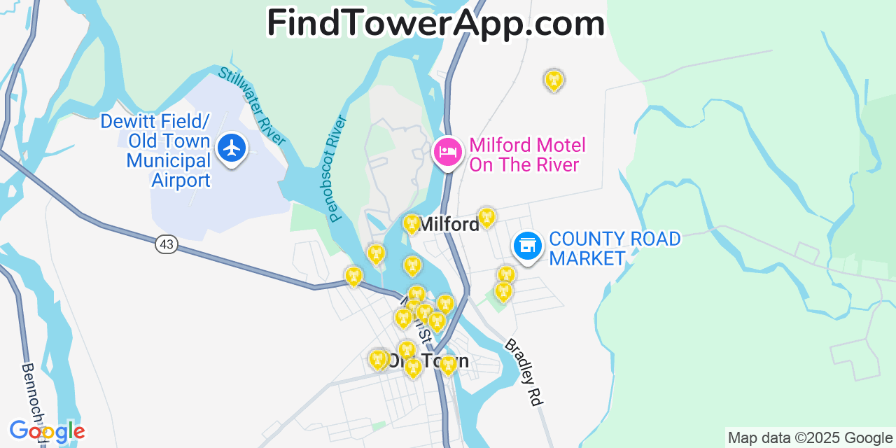 Map showing the 20 primary cell tower locations detected in Milford, Maine from AT&T, Verizon, and T-Mobile networks