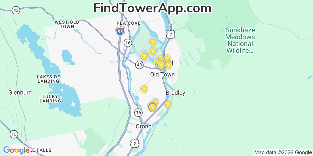 Map showing the 20 primary cell tower locations detected in Milford, Maine from AT&T, Verizon, and T-Mobile networks