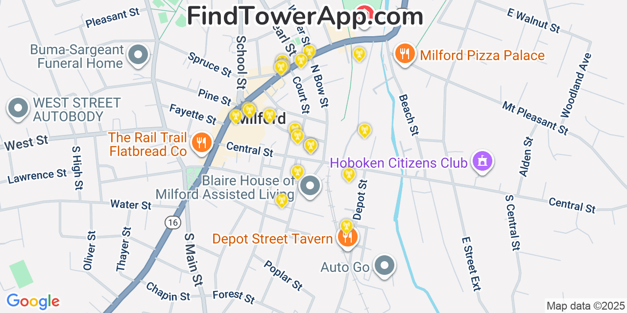 Map showing the 20 primary cell tower locations detected in Milford, Massachusetts from AT&T, Verizon, and T-Mobile networks