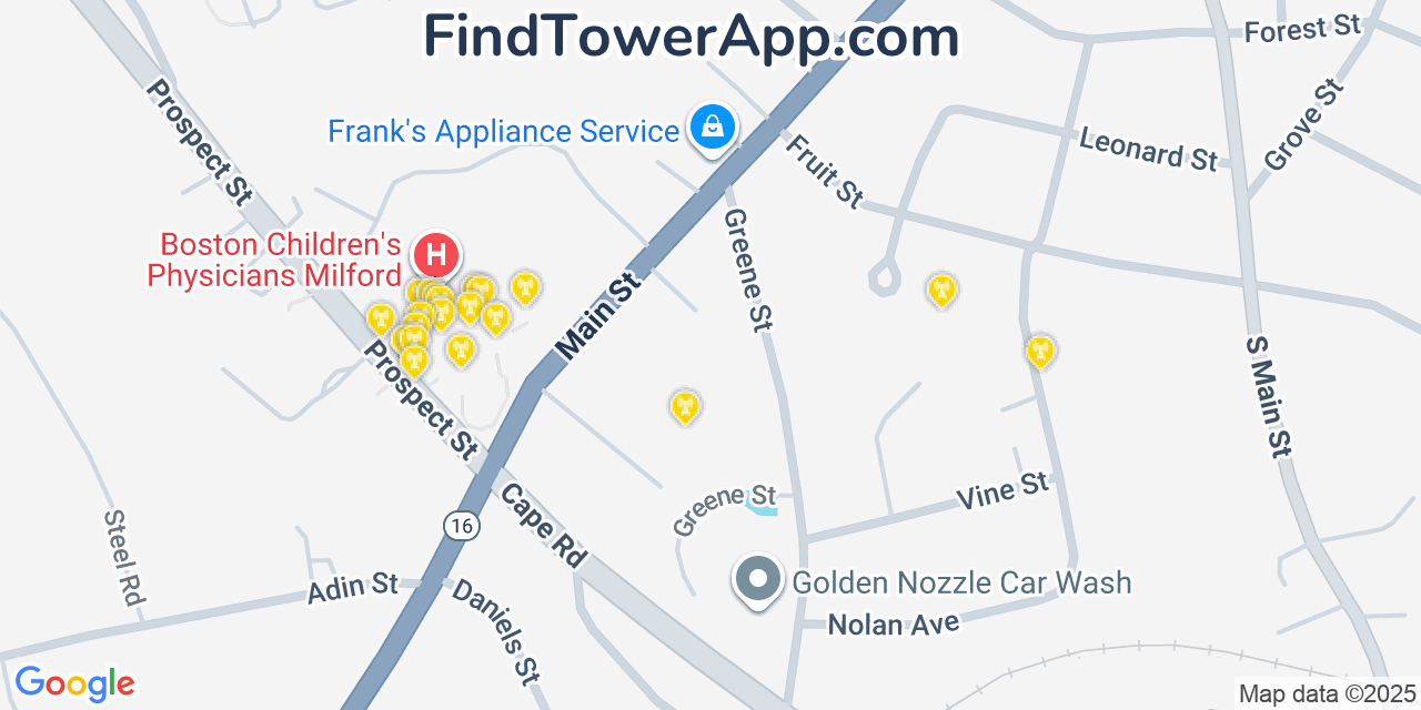 Map showing the 20 primary cell tower locations detected in Milford, Massachusetts from AT&T, Verizon, and T-Mobile networks