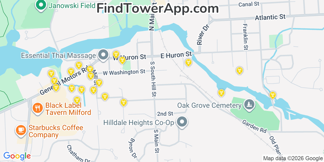 Map showing the 20 primary cell tower locations detected in Milford, Michigan from AT&T, Verizon, and T-Mobile networks