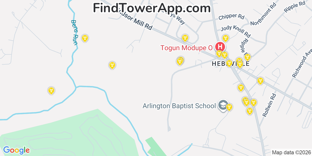 Map showing the 20 primary cell tower locations detected in Milford Mill, Maryland from AT&T, Verizon, and T-Mobile networks