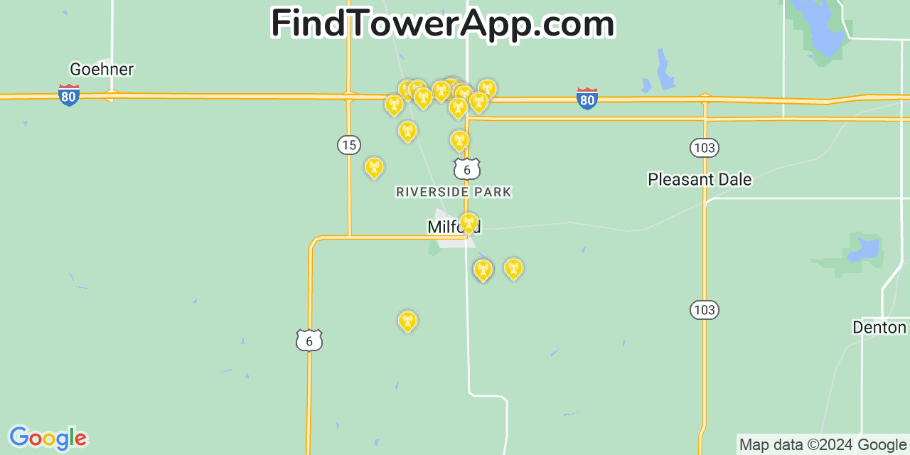 AT&T 4G/5G cell tower coverage map Milford, Nebraska