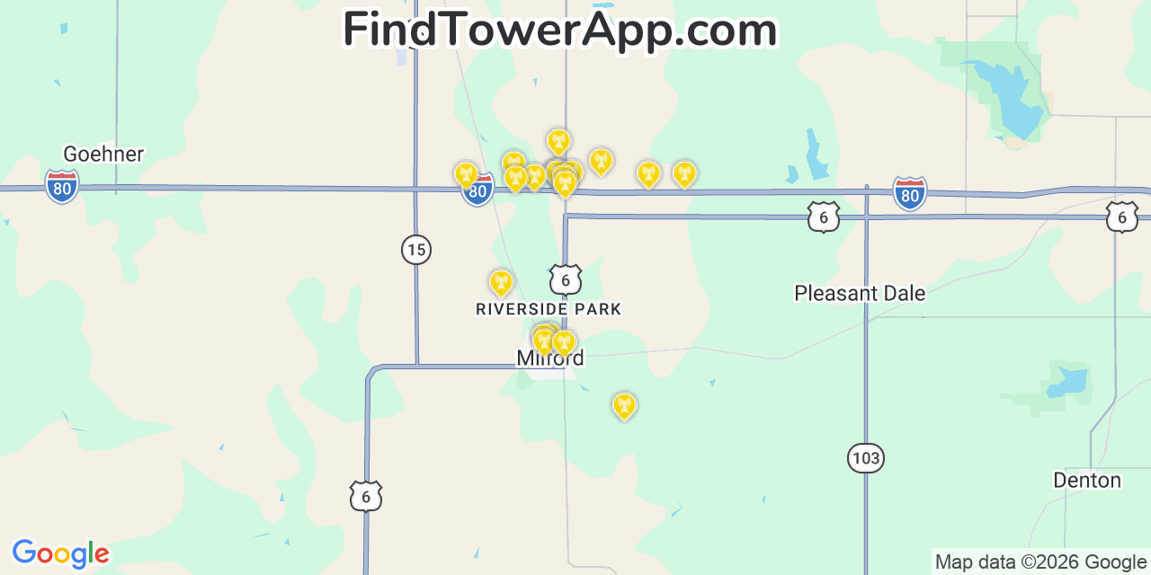 Map showing the 20 primary cell tower locations detected in Milford, Nebraska from AT&T, Verizon, and T-Mobile networks