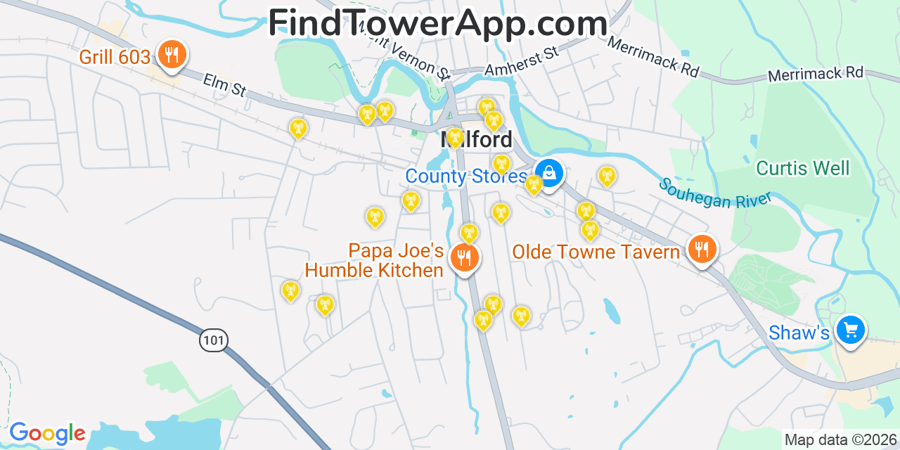 Map showing the 20 primary cell tower locations detected in Milford, New Hampshire from AT&T, Verizon, and T-Mobile networks