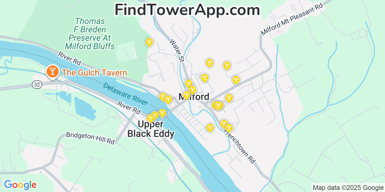 Map showing the 20 primary cell tower locations detected in Milford, New Jersey from AT&T, Verizon, and T-Mobile networks