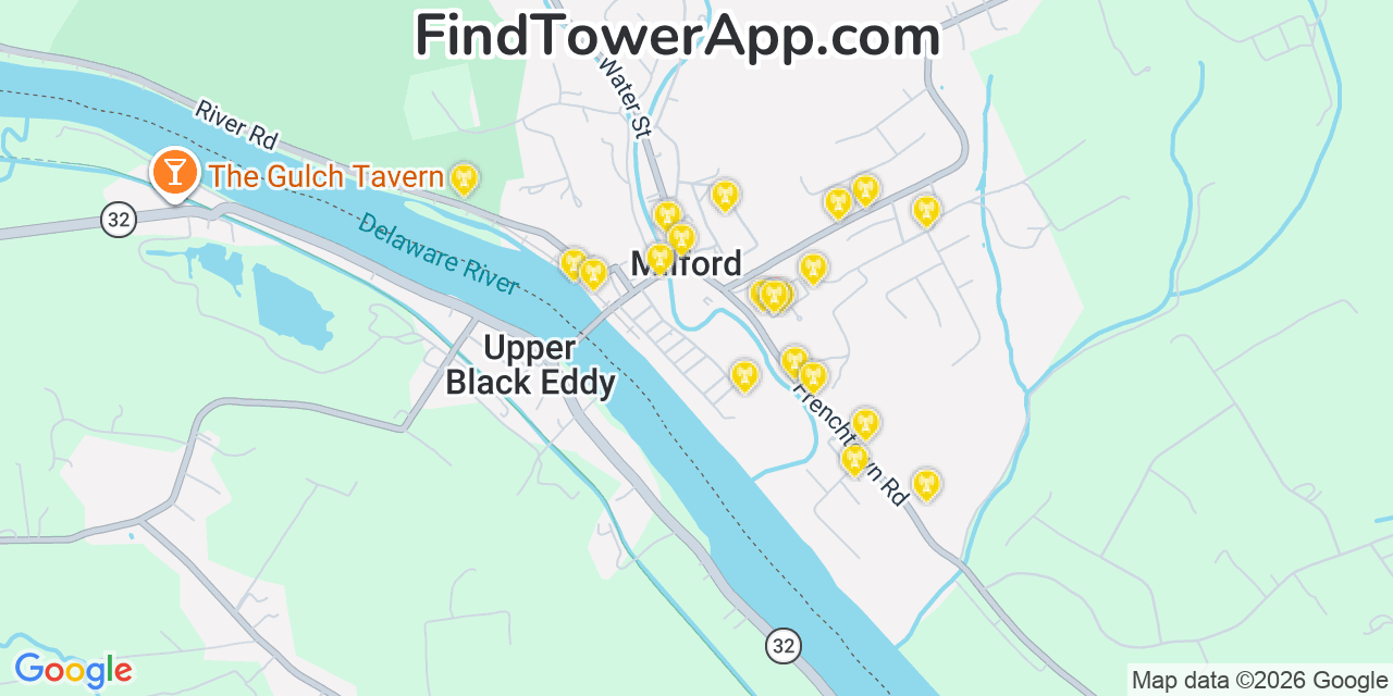 Map showing the 20 primary cell tower locations detected in Milford, New Jersey from AT&T, Verizon, and T-Mobile networks