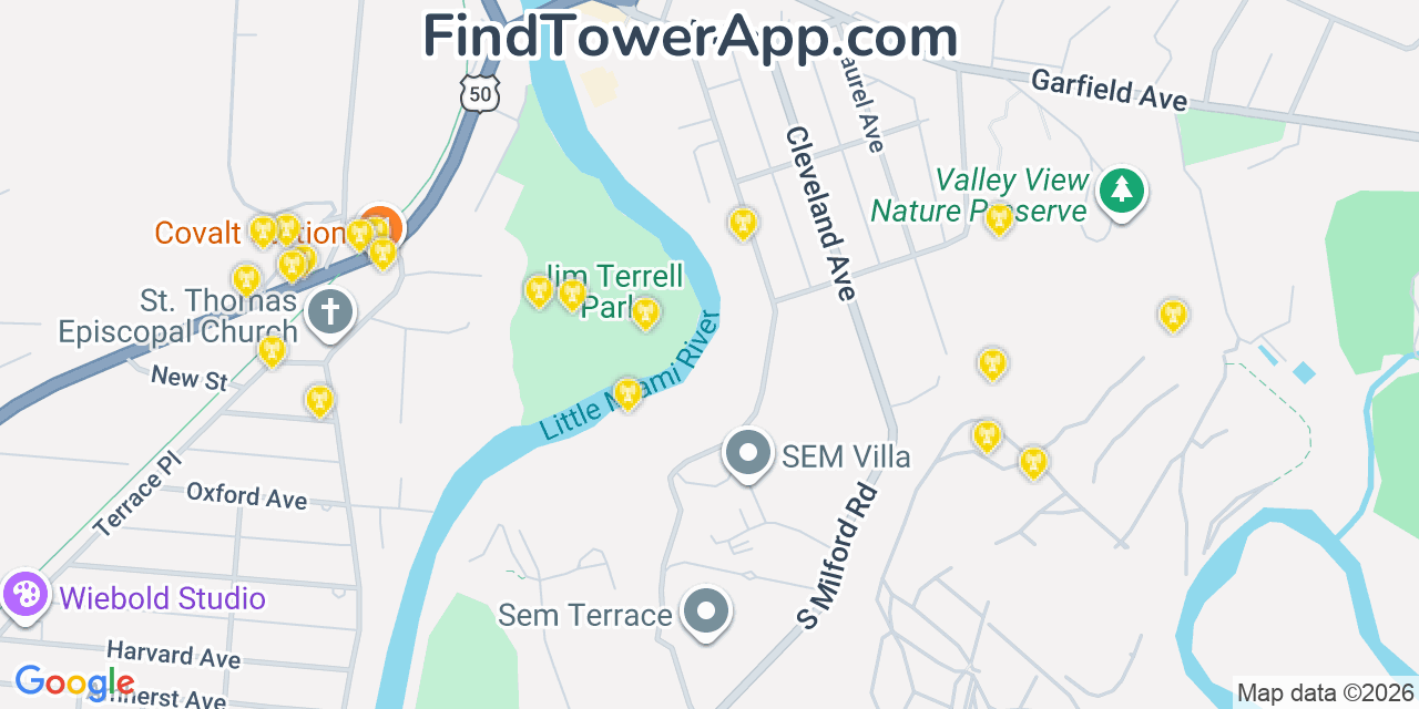Map showing the 20 primary cell tower locations detected in Milford, Ohio from AT&T, Verizon, and T-Mobile networks