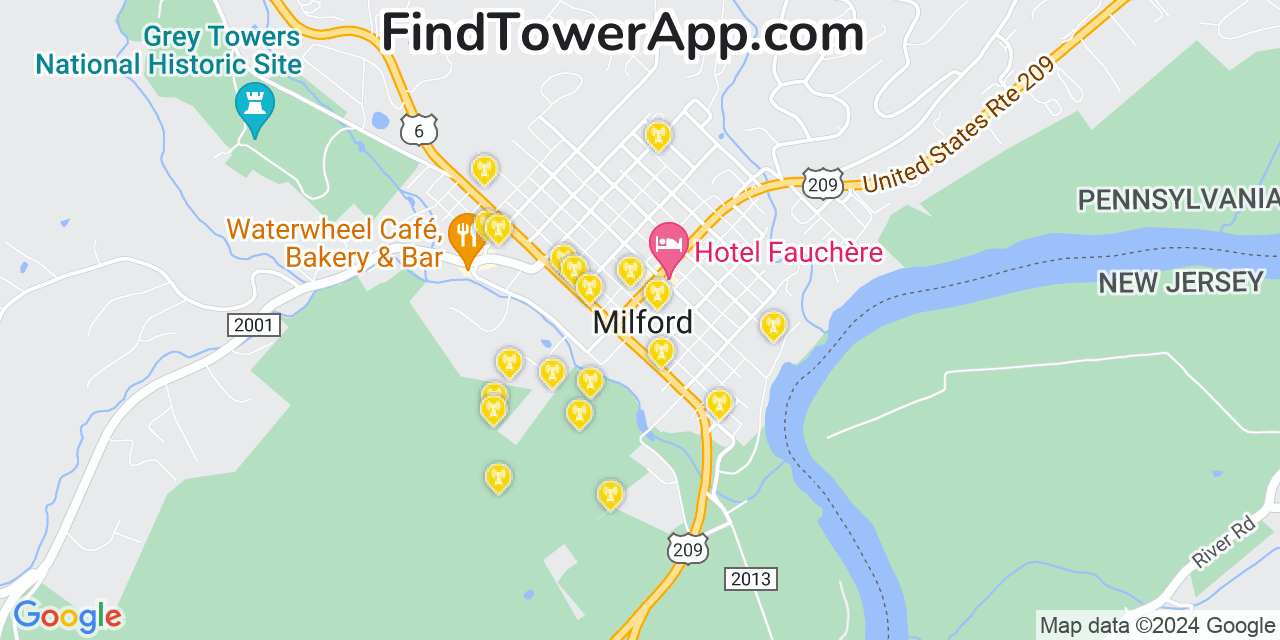 AT&T 4G/5G cell tower coverage map Milford, Pennsylvania