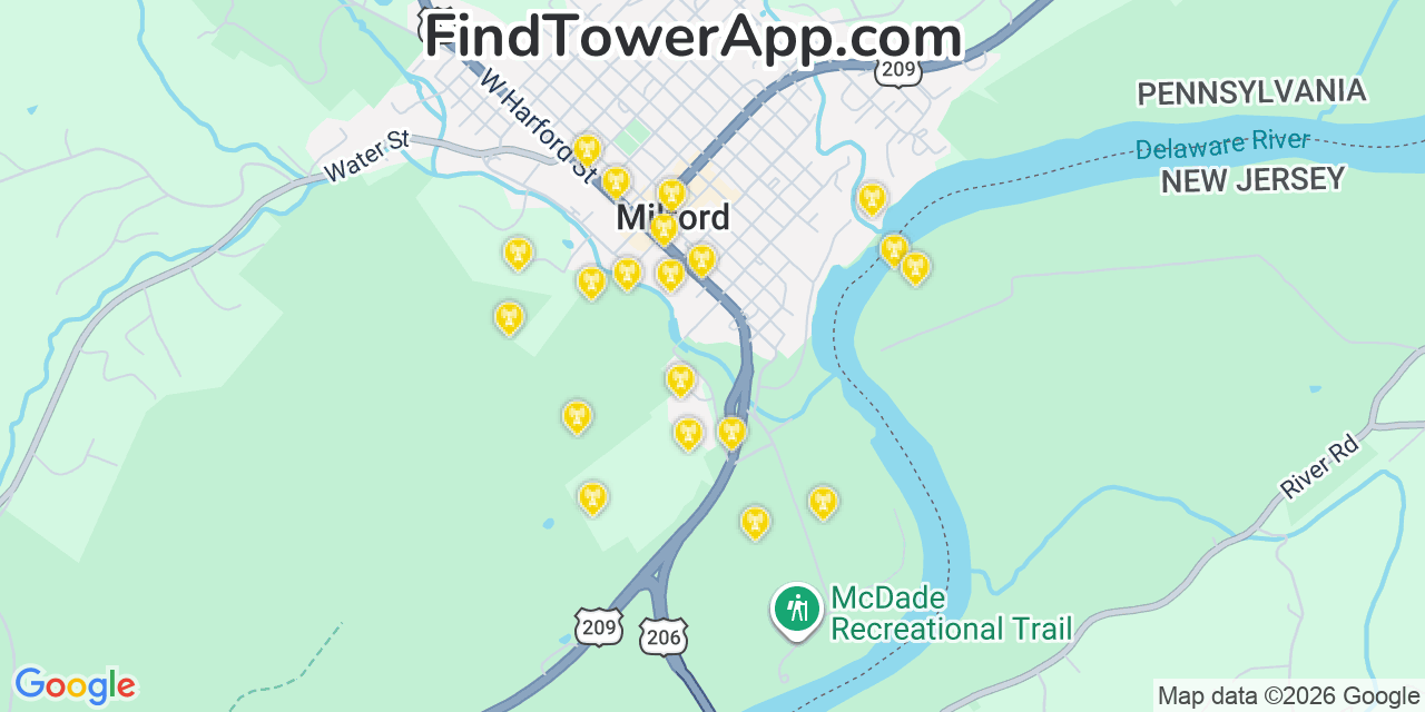 Map showing the 20 primary cell tower locations detected in Milford, Pennsylvania from AT&T, Verizon, and T-Mobile networks