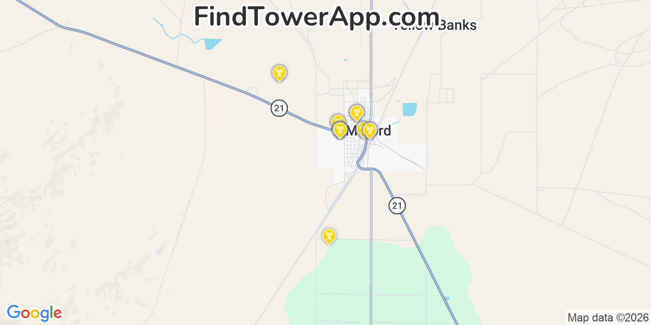 Map showing the 20 primary cell tower locations detected in Milford, Utah from AT&T, Verizon, and T-Mobile networks