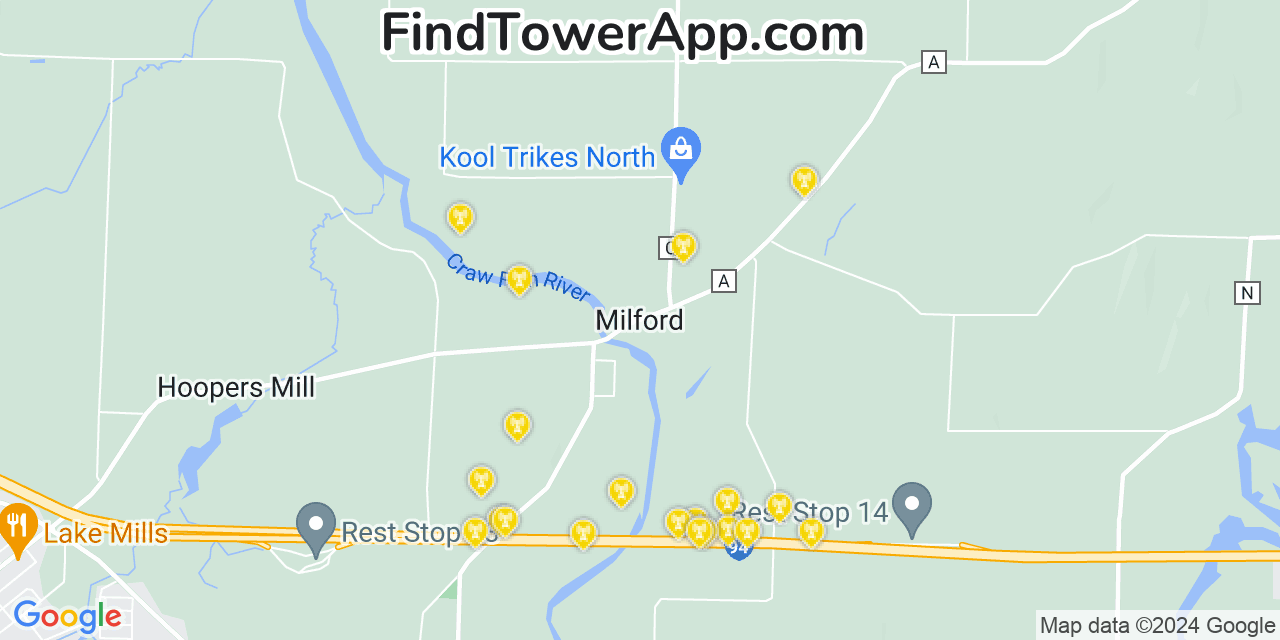 AT&T 4G/5G cell tower coverage map Milford, Wisconsin