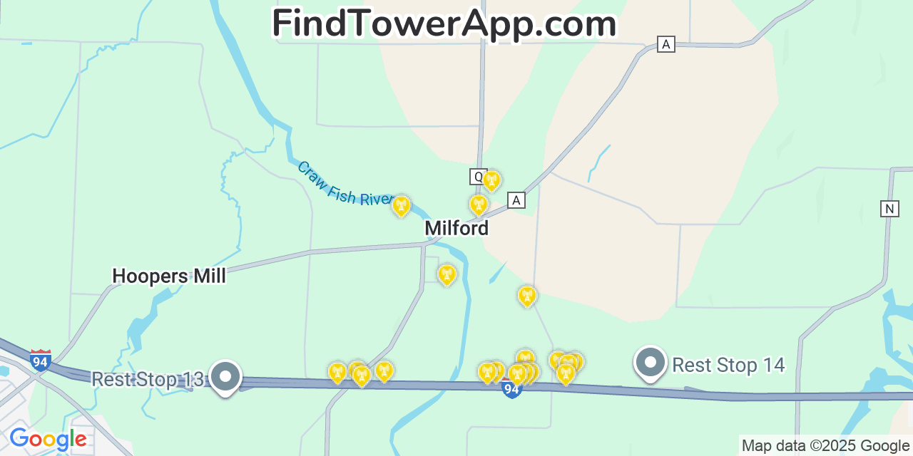 Map showing the 20 primary cell tower locations detected in Milford, Wisconsin from AT&T, Verizon, and T-Mobile networks