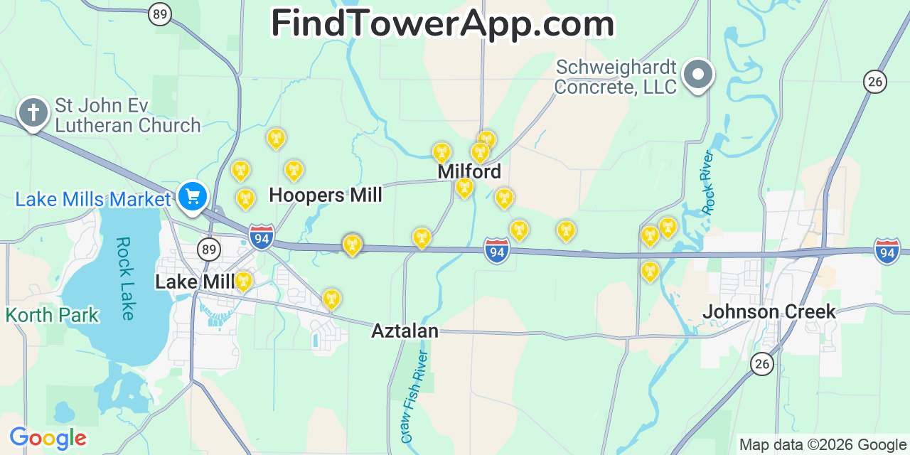 Map showing the 20 primary cell tower locations detected in Milford, Wisconsin from AT&T, Verizon, and T-Mobile networks